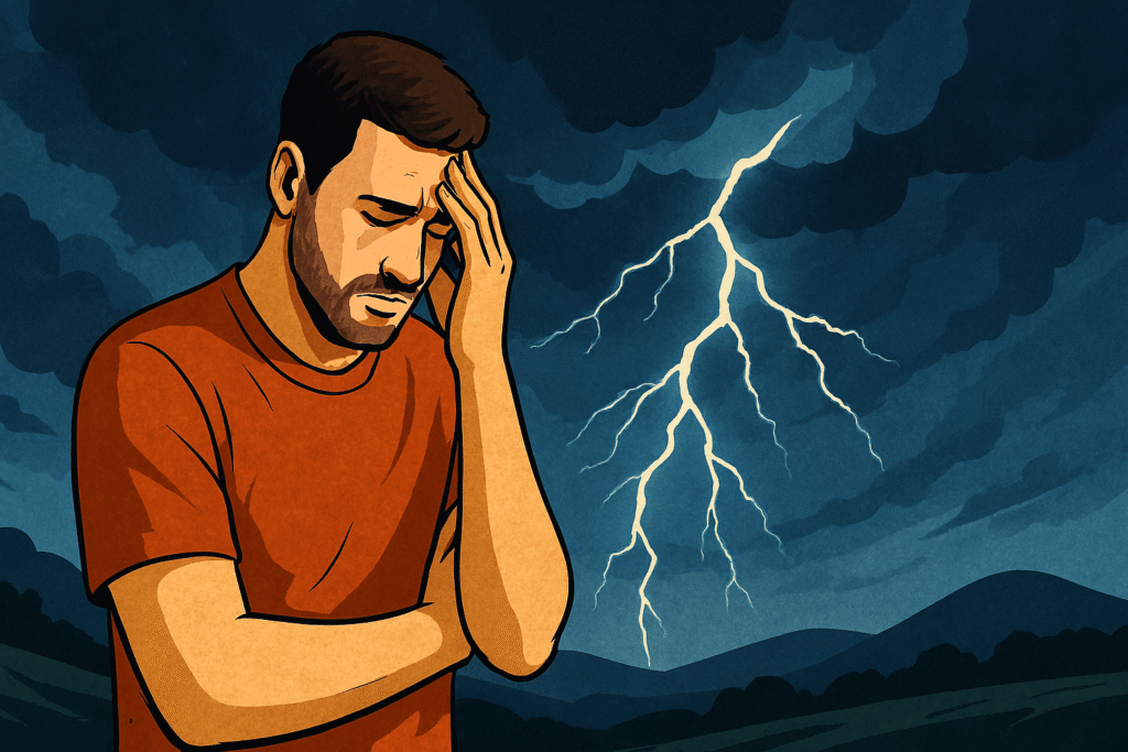 Man in deep thought under a stormy sky with lightning, symbolizing the emotional and spiritual struggle of overcoming fear of the future through faith.