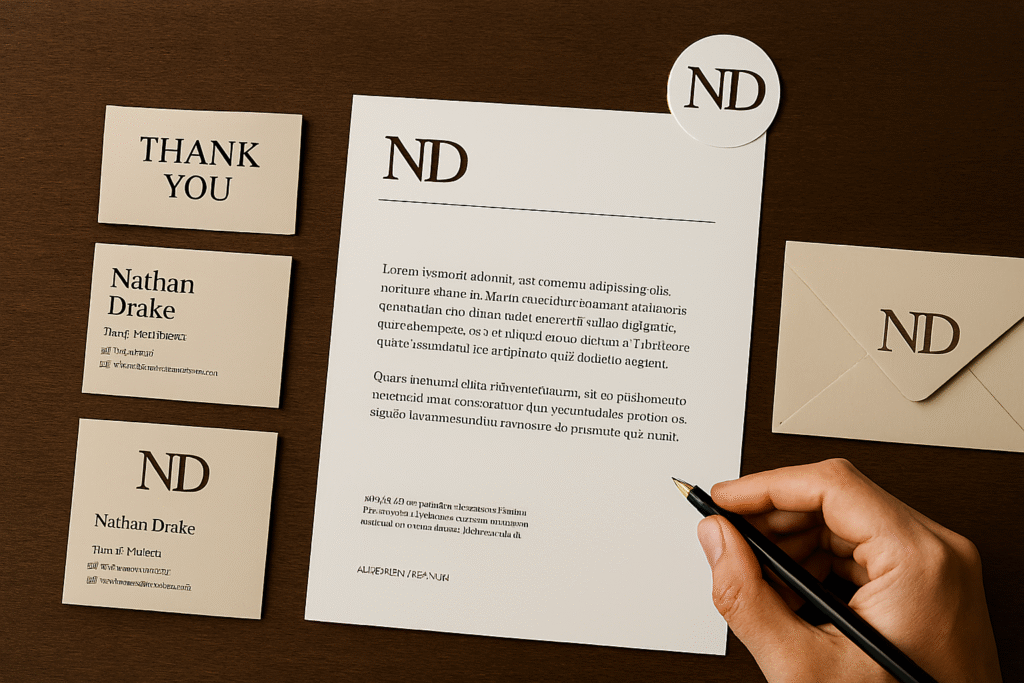 Flat lay of branded stationery items including business card, thank-you card, letterhead, envelope, and sticker on a wooden surface, with a hand holding a pencil — showcasing professional stationery design for brand identity in 2025.