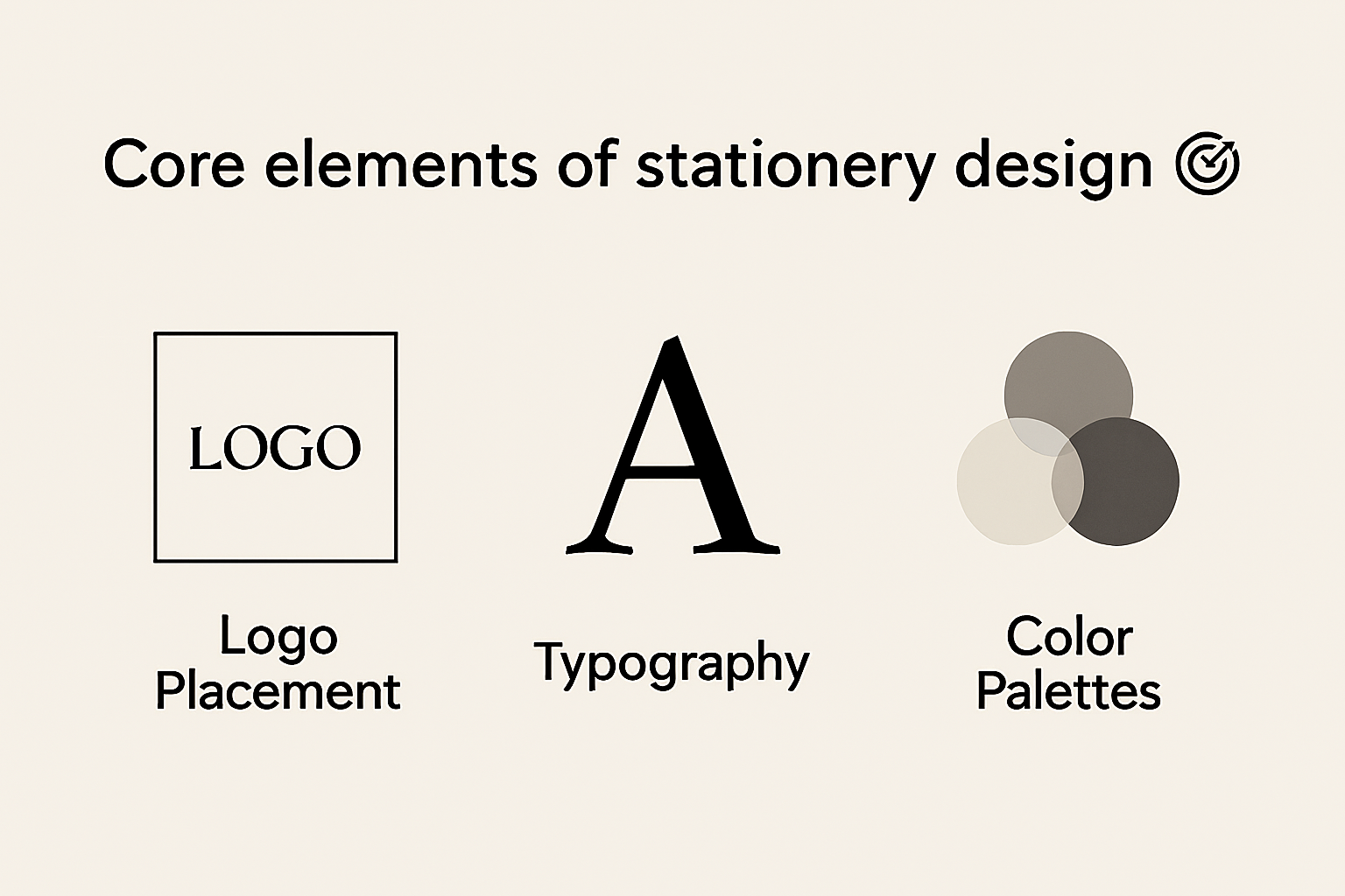 Infographic showing core elements of stationery design including logo placement, typography styles, and color palettes — designed for branding consistency and visual identity in 2025.