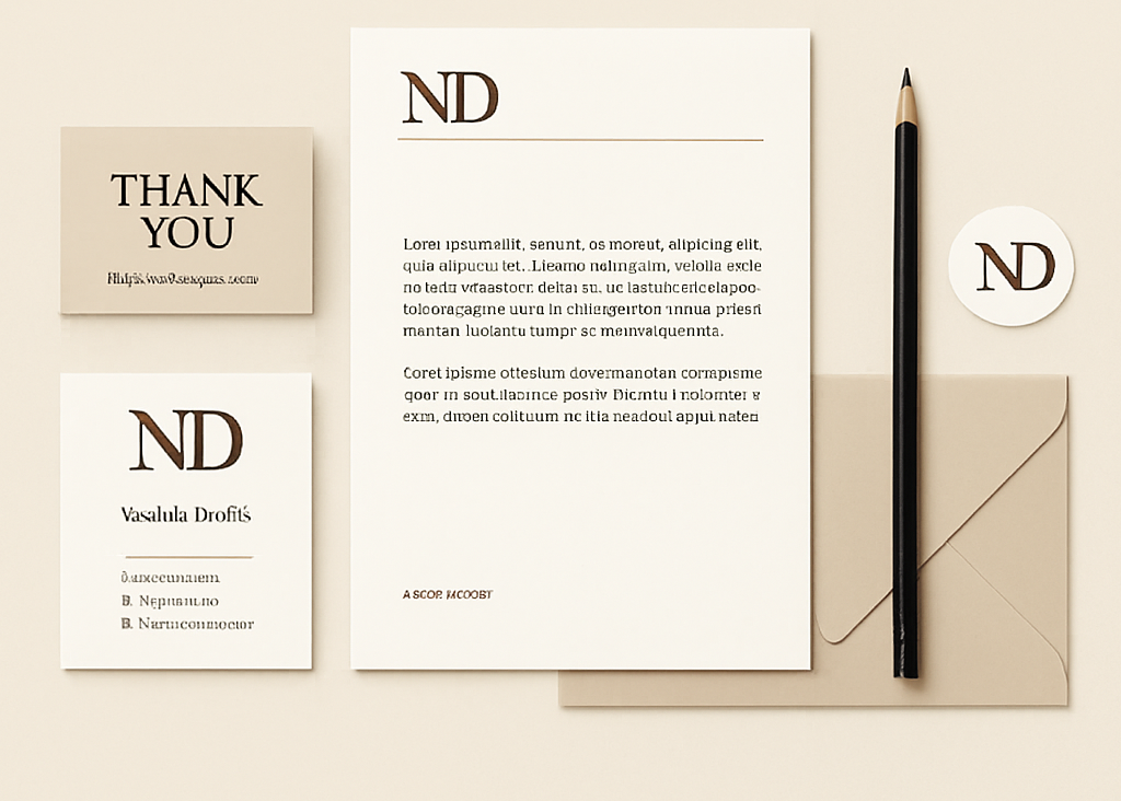 Branded stationery items including business card, letterhead, envelope, and thank-you card arranged on a beige background, illustrating the definition of stationery design as a strategic branding tool in 2025.”