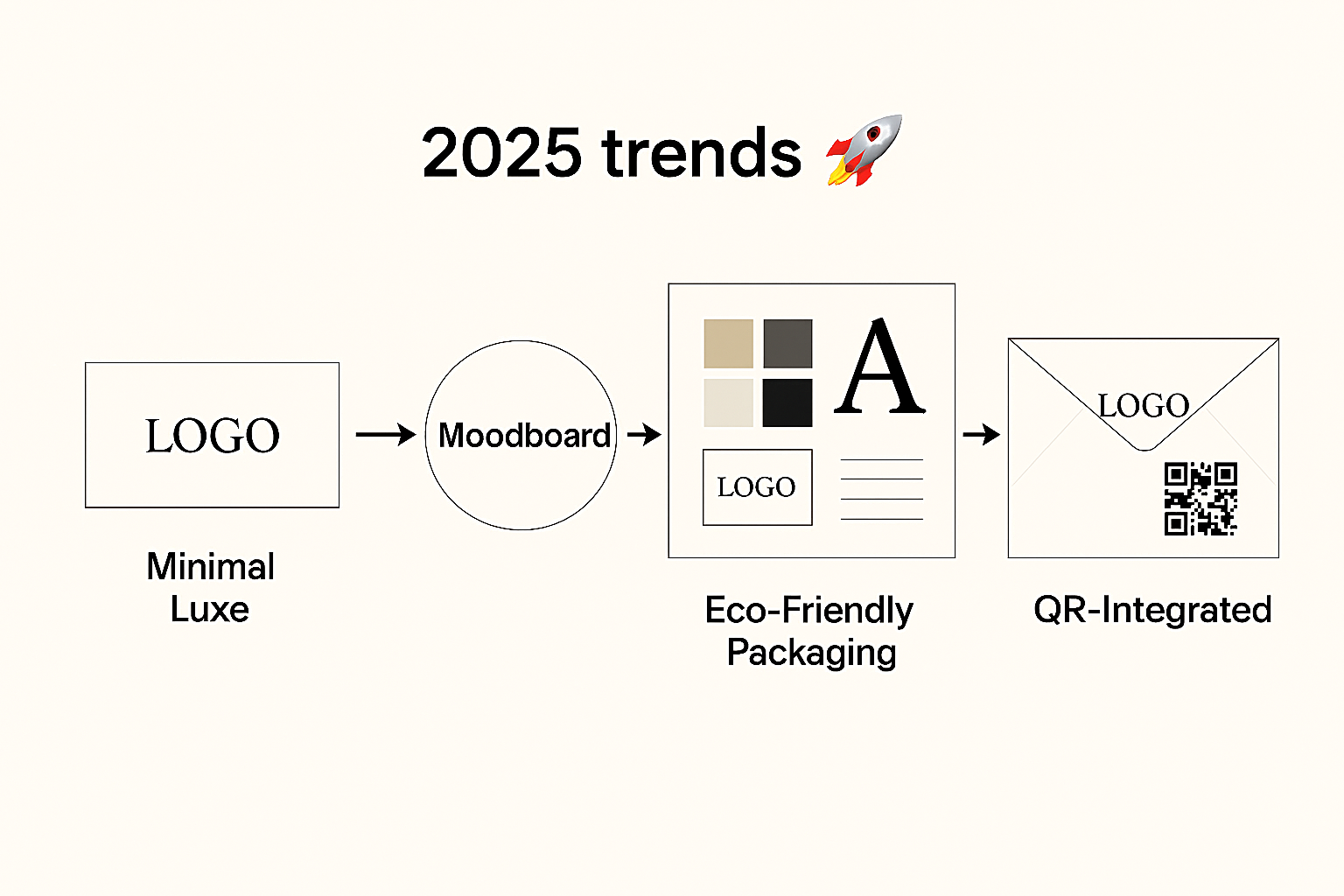 Infographic showcasing 2025 stationery design trends including minimal luxe business cards, eco-friendly packaging with leaf icon, and QR-integrated envelopes for modern brand identity.