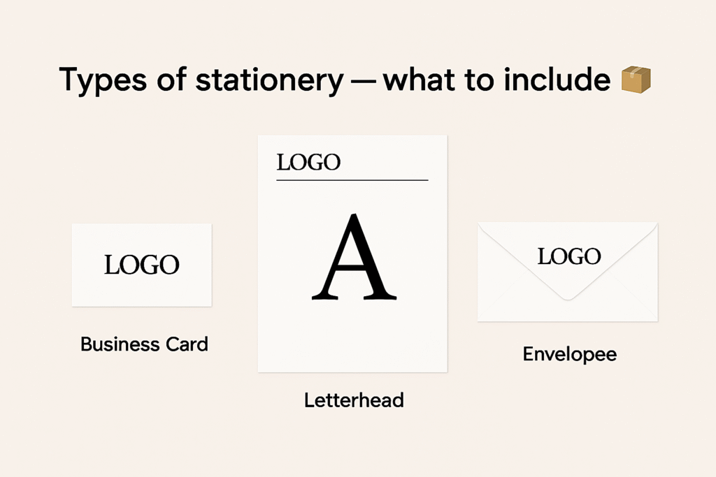 Mockup of branded stationery items including business card, letterhead, and envelope arranged in a horizontal layout — illustrating essential components of a professional stationery set for brand identity in 2025