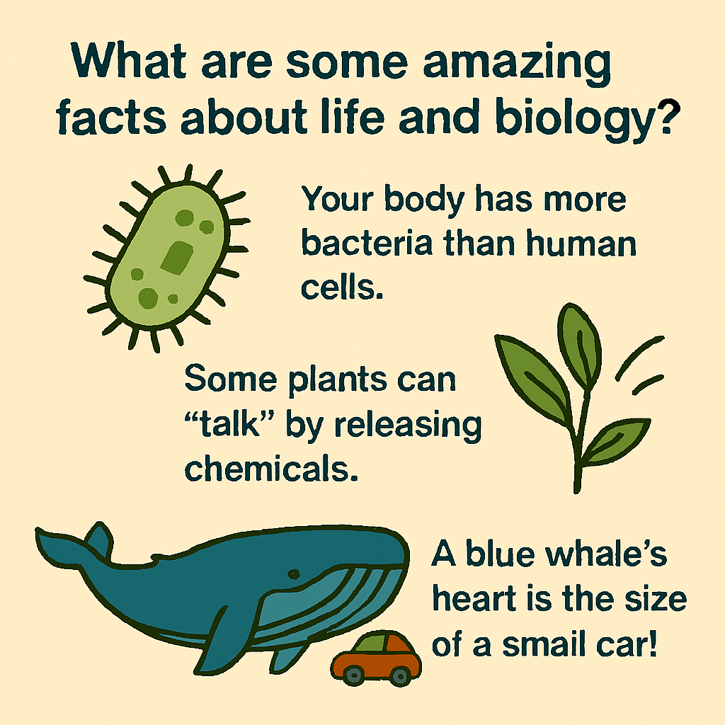 Illustration showing what is biology through amazing facts: bacteria outnumber human cells, plants release chemical signals, and a blue whale’s heart is the size of a small car.