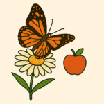 Illustration showing botany as part of what is biology, with a butterfly perched on a daisy flower—representing plant life and pollination.