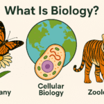 Illustration explaining what is biology, featuring botany with a butterfly on a flower, cellular biology with a human cell, and zoology with a tiger—showing key branches of life science around the globe.