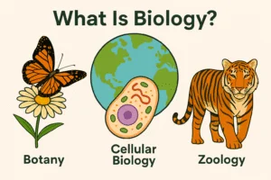 Illustration explaining what is biology, featuring botany with a butterfly on a flower, cellular biology with a human cell, and zoology with a tiger—showing key branches of life science around the globe.