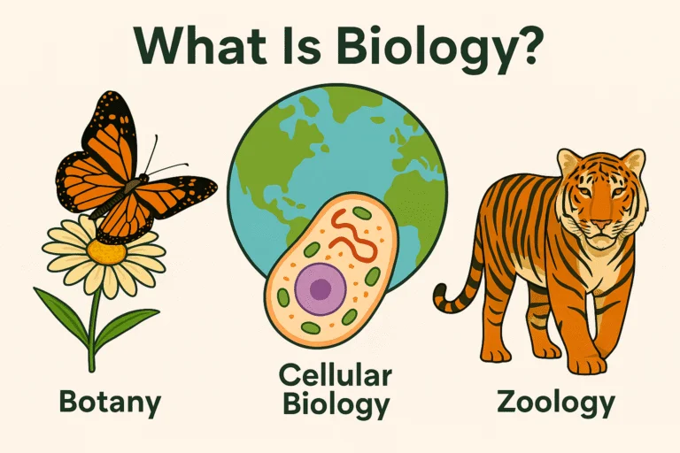 Illustration explaining what is biology, featuring botany with a butterfly on a flower, cellular biology with a human cell, and zoology with a tiger—showing key branches of life science around the globe.