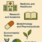 Illustration showing what is biology through career paths, including medicine, research, biotechnology, environmental science, and agriculture—highlighting how biology leads to diverse professions.