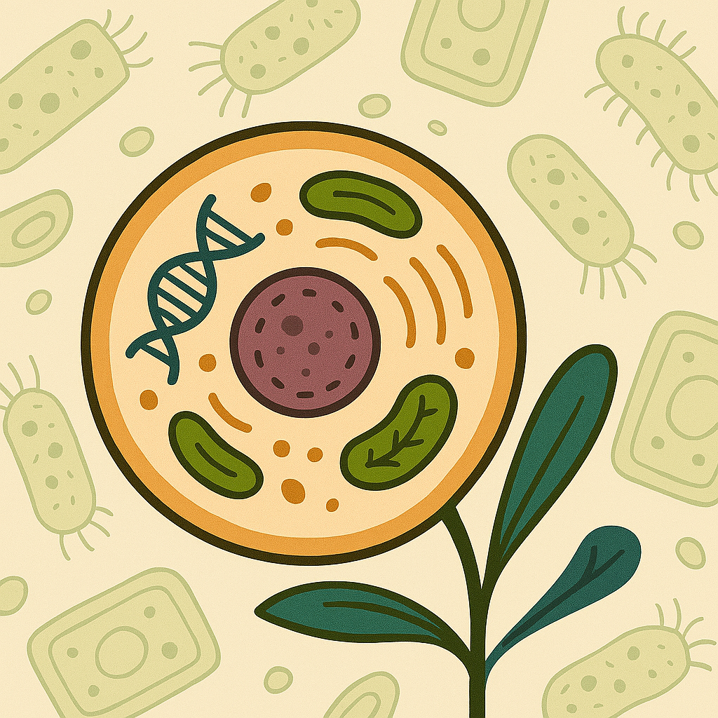 Illustration showing what is biology at the cellular level, with a close-up of a human cell surrounded by bacteria and plant cells—representing life’s microscopic building blocks.