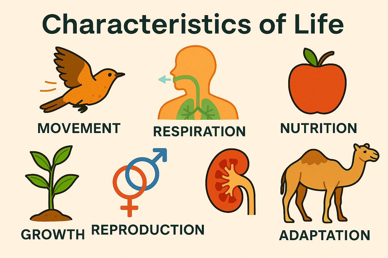 Illustration explaining what is biology through the MR NIGER DAC mnemonic, showing traits like movement, respiration, nutrition, growth, reproduction, excretion, and adaptation—used to identify living things.