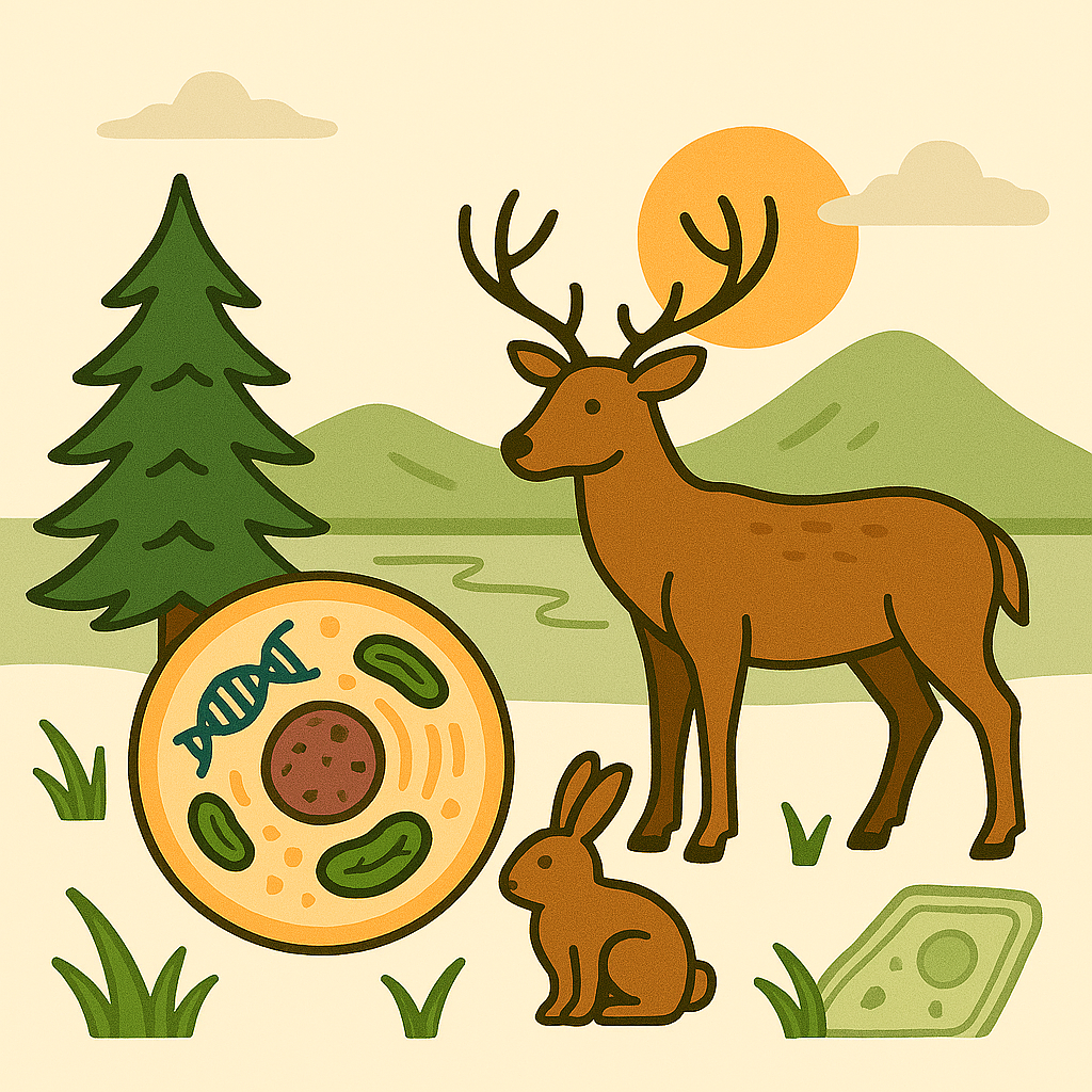 Illustration showing what is biology through ecology, with animals, plants, and landscapes interacting—representing how living things connect with their environment.
