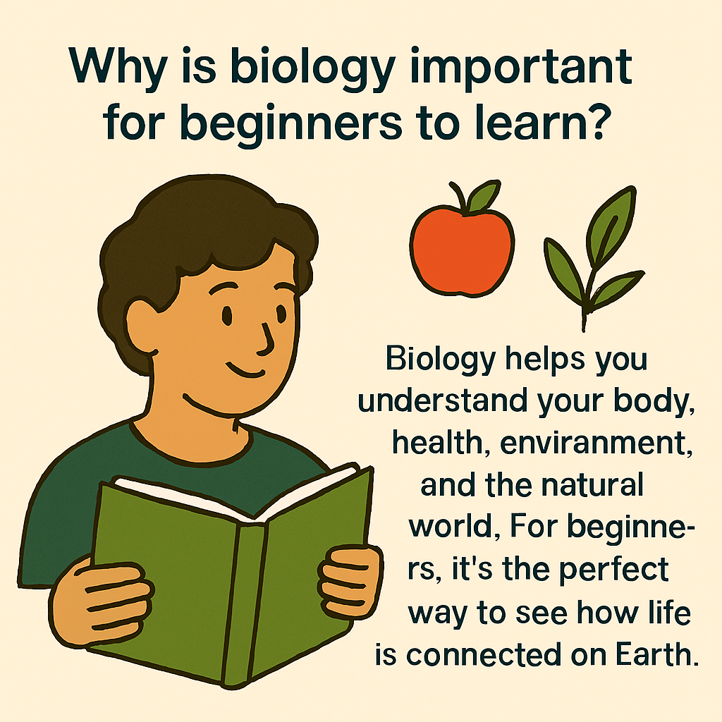 Illustration showing what is biology for beginners, with a person reading, nature icons, and health symbols—representing how biology connects body, environment, and the natural world