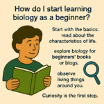 Illustration showing what is biology for beginners, with a person reading a biology book and observing nature—representing curiosity and the first steps to learning biology.