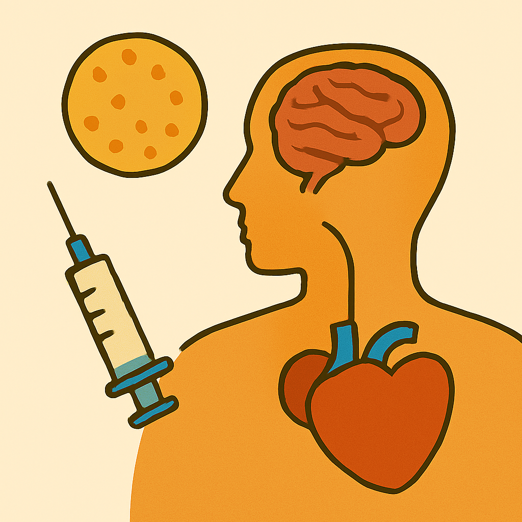 illustration showing what is biology through human biology, with visuals of a beating heart, brain activity, and a vaccine—representing how biology helps us understand our bodies.