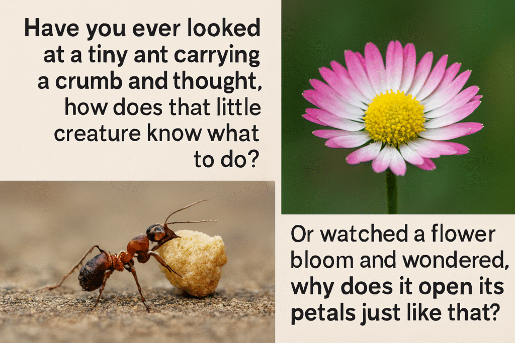 Collage showing an ant carrying a crumb and a blooming flower, illustrating everyday examples of biology in action.