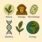 Illustration showing what is biology through its main branches, including botany with a plant, zoology with a chimpanzee, microbiology with a microorganism, genetics with a DNA strand, and ecology with a globe.